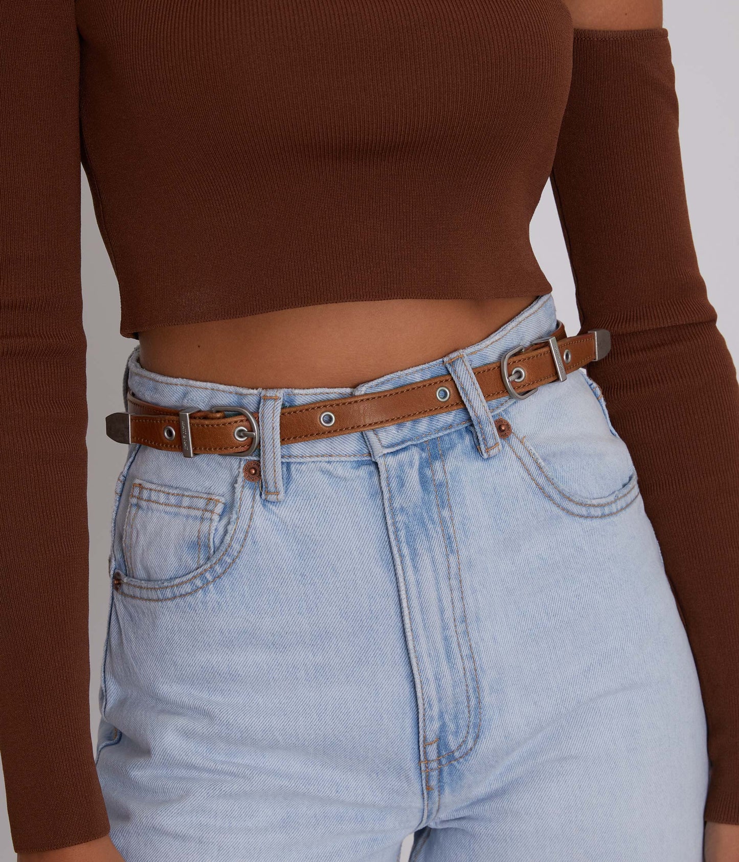 DOLLY Women's Vegan Skinny Belt | Color: Brown - variant::chili